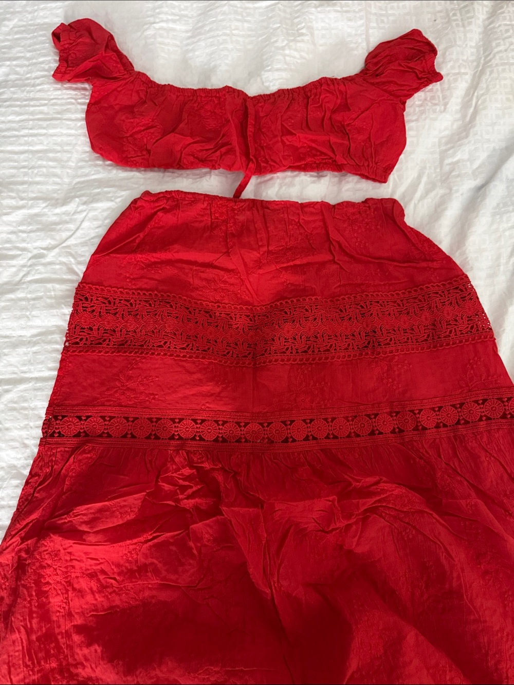 SHEIN Red Crochet-Trim Maxi Skirt